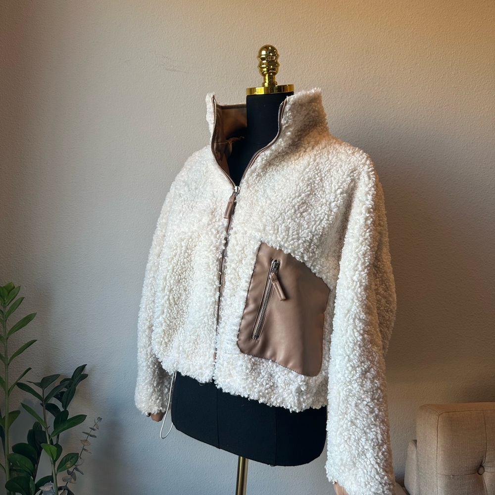 Blank NYC Cream Teddy Jacket with Brown Contrast Pocket